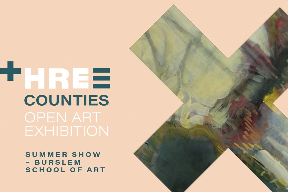 graphic element for three counties - a large 'x' on the left side, with a painted work filling it.